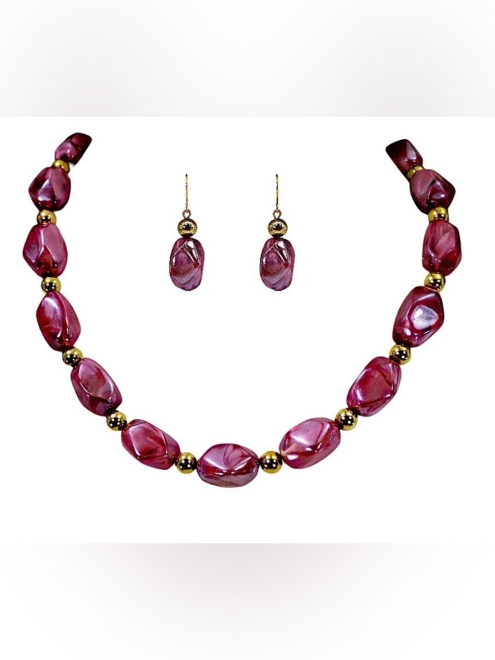 Purple Beaded Necklace Earring Set Gold Beads Lightweight Fashion Jewelry New